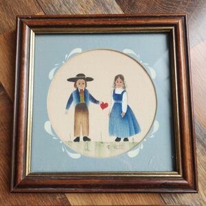 Vtg R. Ross Framed Folk Art Theorem Painting Farmhouse Amish Couple Cottage Art